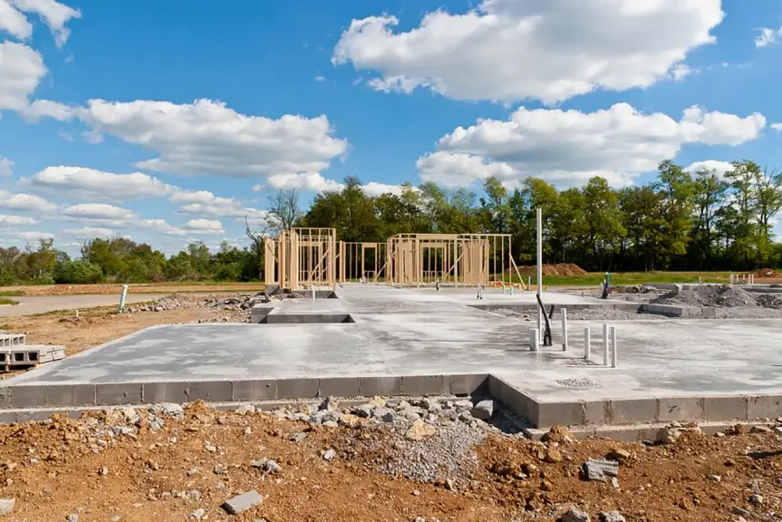 A concrete foundation being constructed in an open field, with construction equipment and workers visible in the background.