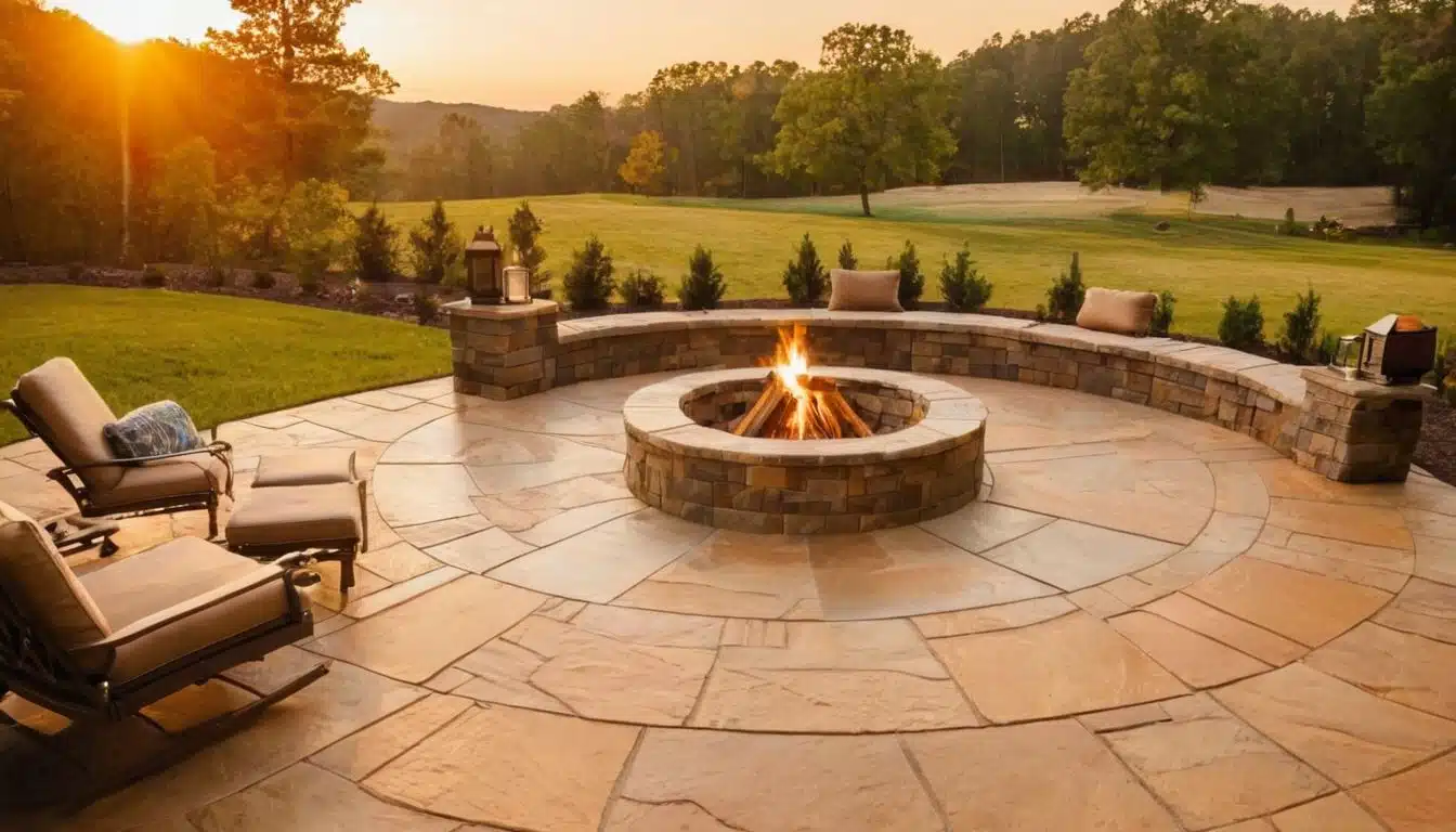 A fire pit surrounded by chairs and a table on a concrete patio in a backyard.